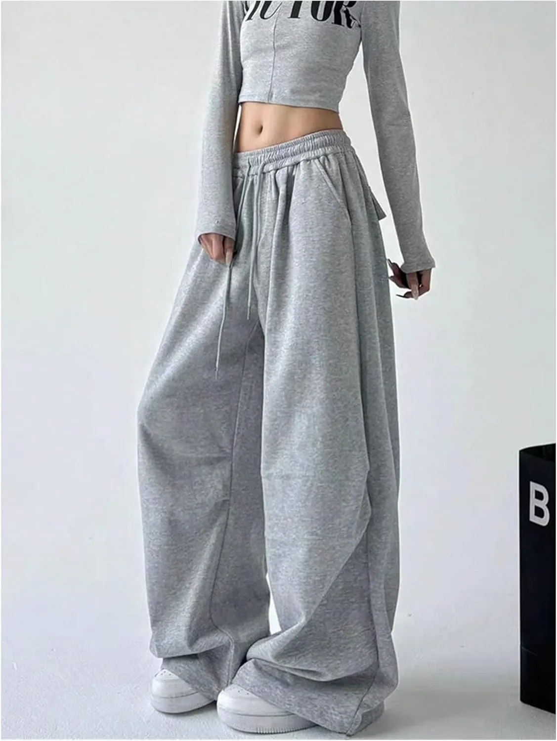 GORGLITTER Women's Stacked Baggy Sweatpants Y2K Drawstring Waist Flared Jogger Pants