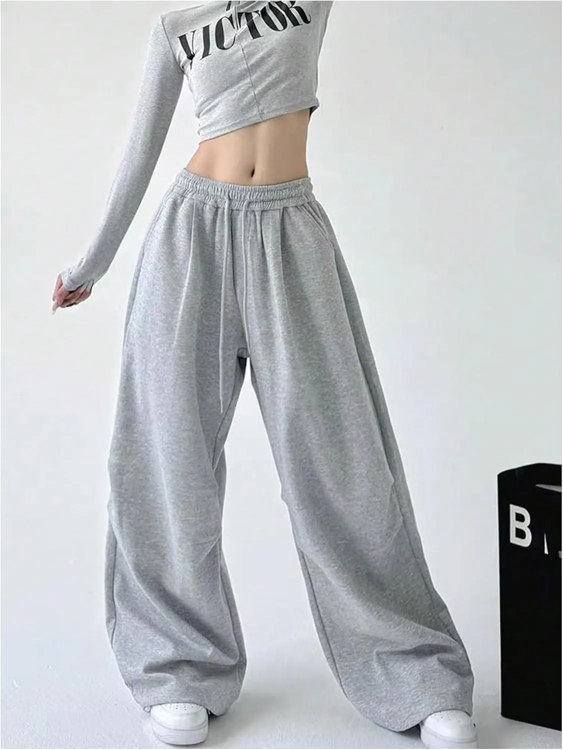 GORGLITTER Women's Stacked Baggy Sweatpants Y2K Drawstring Waist Flared Jogger Pants