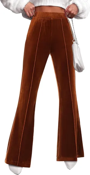 GRAPENT Flare Velvet Pants for Women High Waisted Wide Leg Stretch Elastic Waist Pull On Trousers Front Seam Slacks