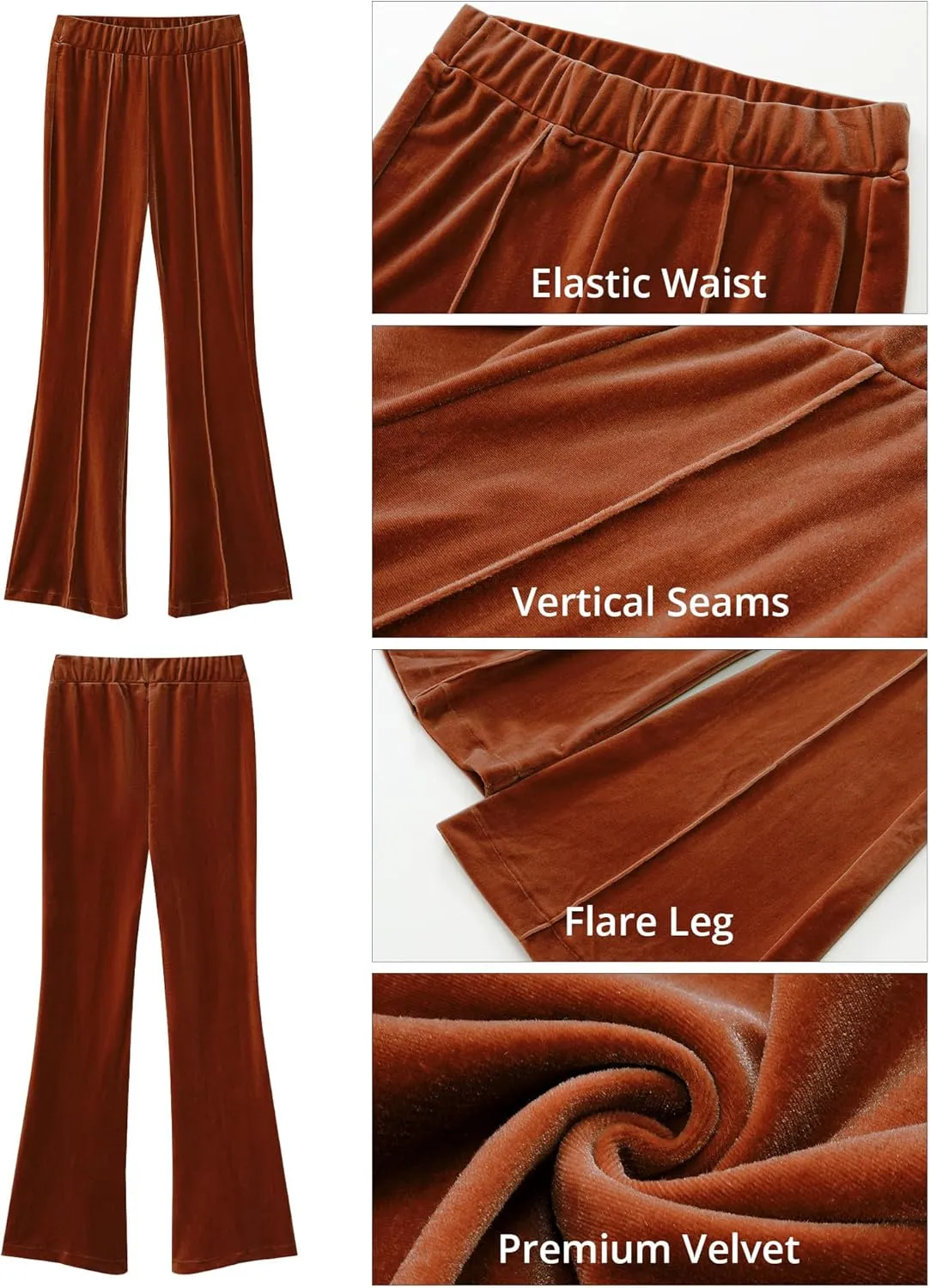 GRAPENT Flare Velvet Pants for Women High Waisted Wide Leg Stretch Elastic Waist Pull On Trousers Front Seam Slacks