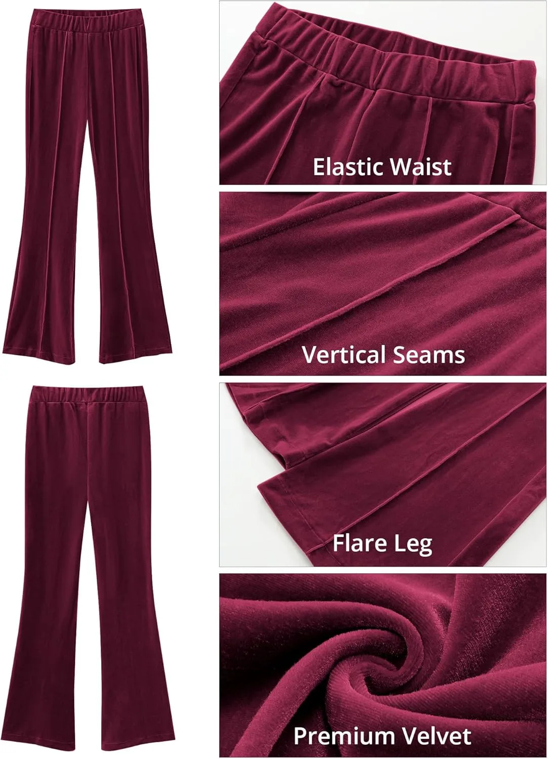 GRAPENT Flare Velvet Pants for Women High Waisted Wide Leg Stretch Elastic Waist Pull On Trousers Front Seam Slacks