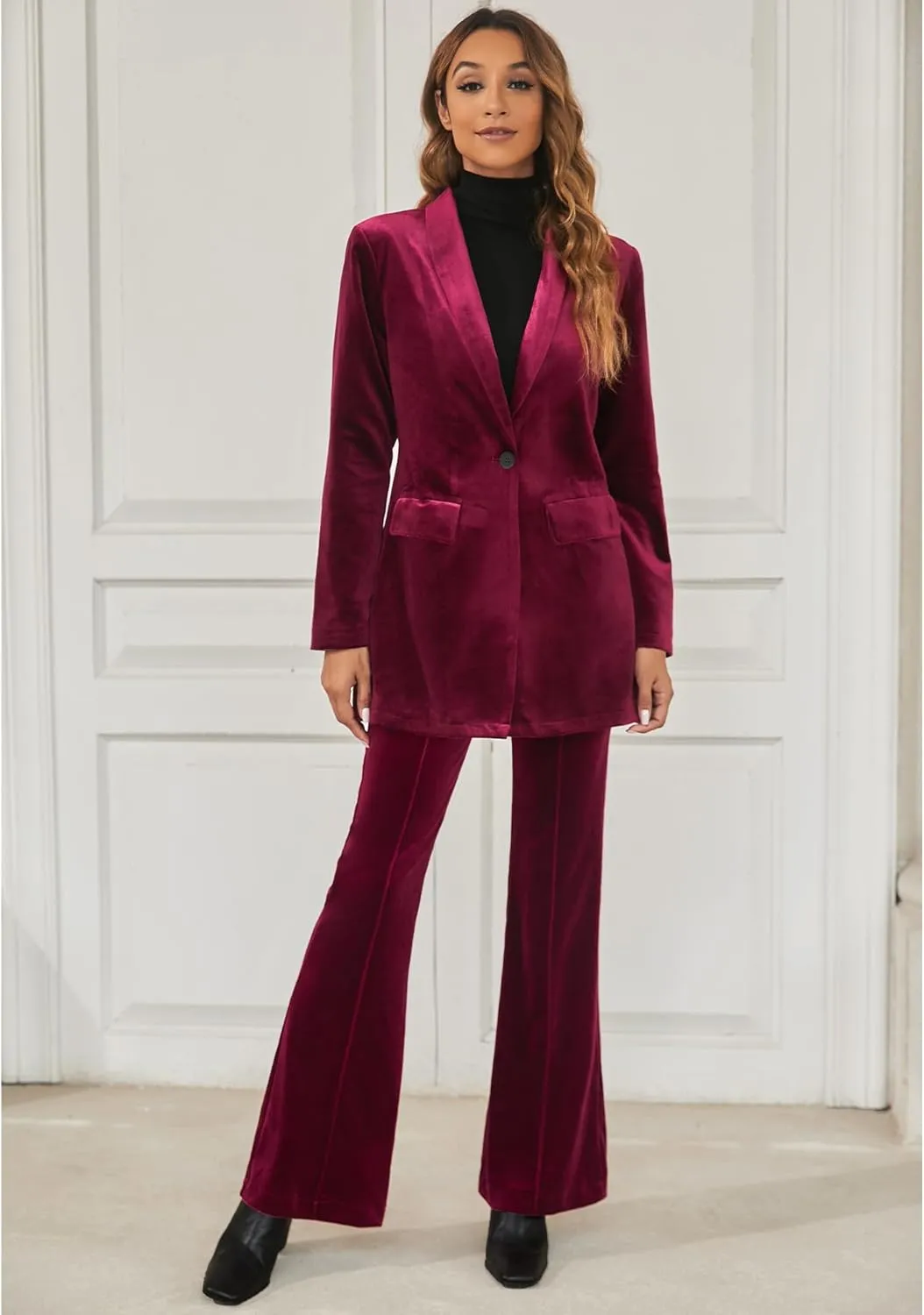 GRAPENT Flare Velvet Pants for Women High Waisted Wide Leg Stretch Elastic Waist Pull On Trousers Front Seam Slacks