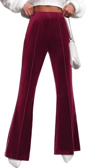GRAPENT Flare Velvet Pants for Women High Waisted Wide Leg Stretch Elastic Waist Pull On Trousers Front Seam Slacks