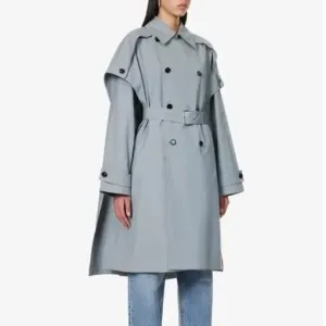 Gray Blue Bat Sleeve Trench Coat with Double Breasted Design