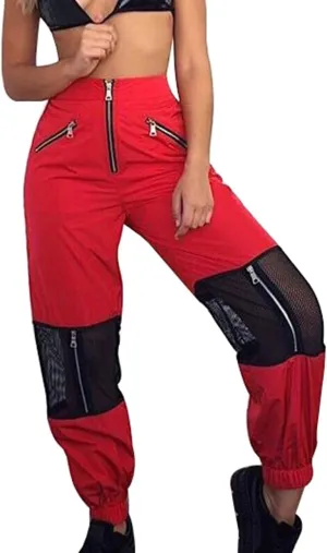 GUOLEZEEV Women Mesh Stitching Jogger Pants Relax Fit Fashion Hiphop Dance Trouser