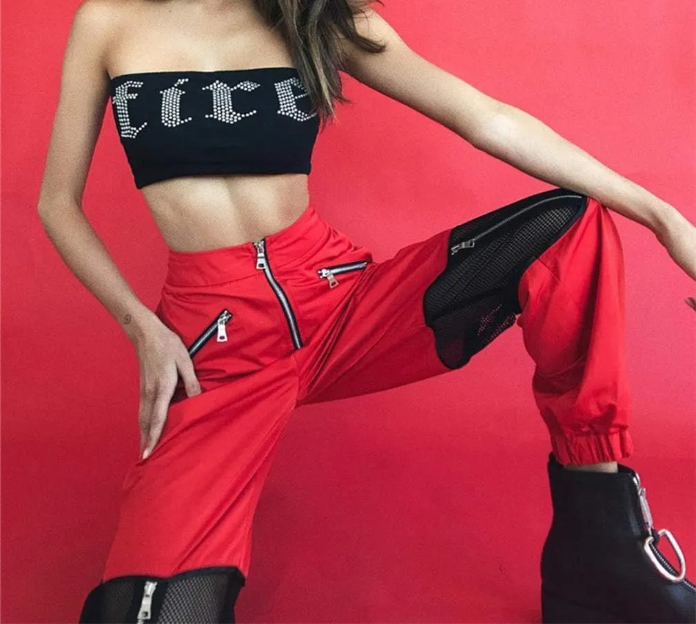 GUOLEZEEV Women Mesh Stitching Jogger Pants Relax Fit Fashion Hiphop Dance Trouser