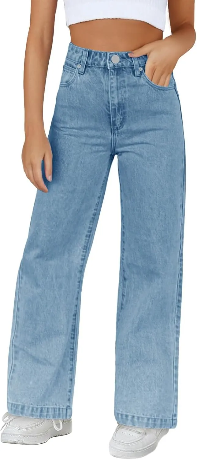 Haloumoning Girls Elastic Waist Jeans Straight Leg Demin Pants Casual Stretch Long Pants with Pockets 5-14 Years