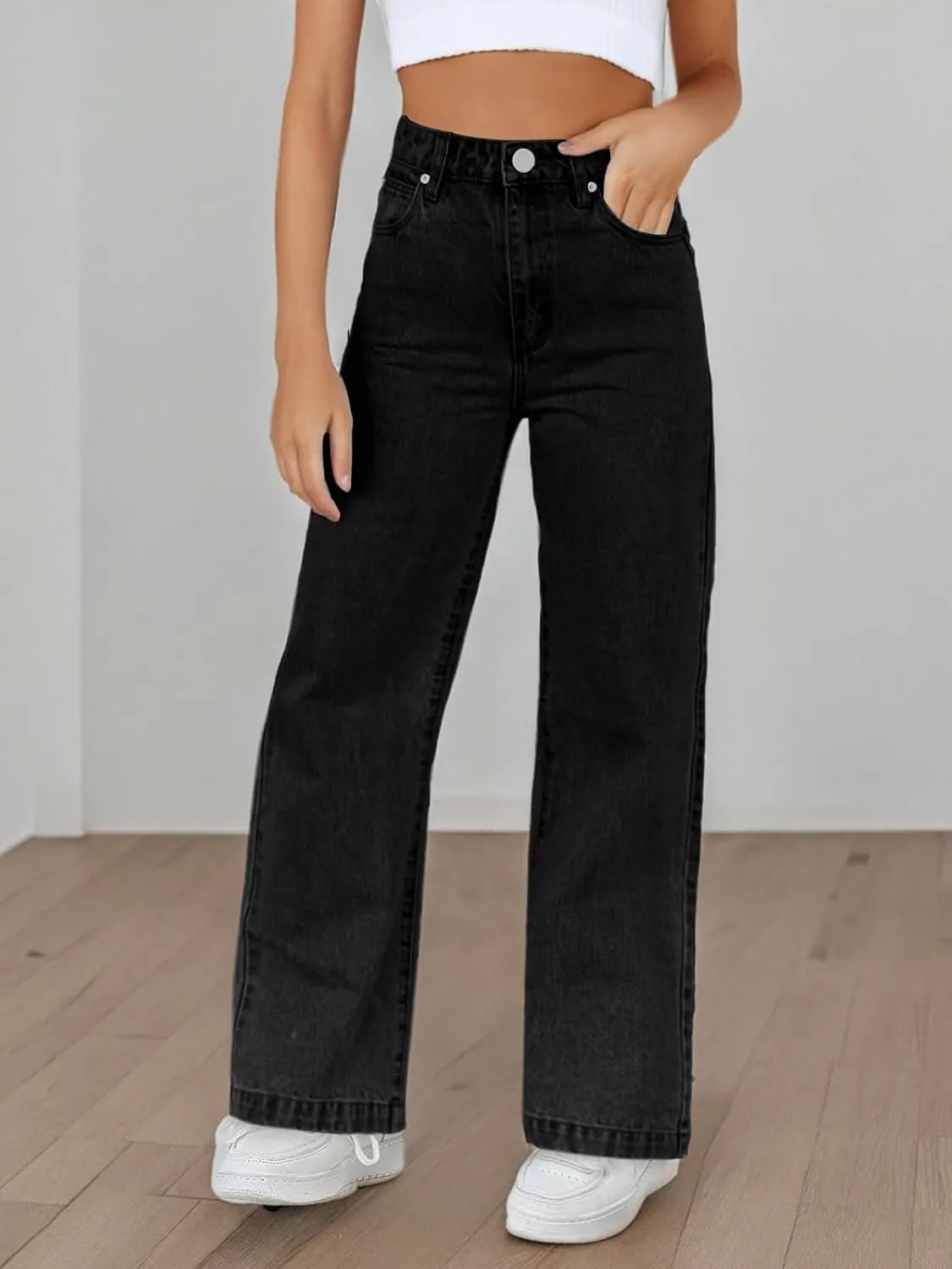 Haloumoning Girls Elastic Waist Jeans Straight Leg Demin Pants Casual Stretch Long Pants with Pockets 5-14 Years