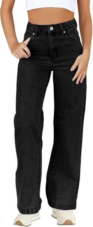 Haloumoning Girls Elastic Waist Jeans Straight Leg Demin Pants Casual Stretch Long Pants with Pockets 5-14 Years