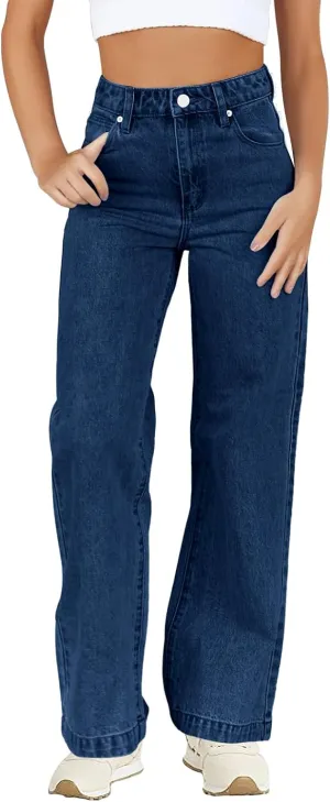 Haloumoning Girls Elastic Waist Jeans Straight Leg Demin Pants Casual Stretch Long Pants with Pockets 5-14 Years
