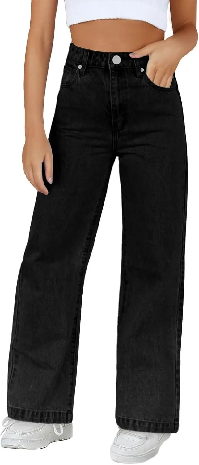 Haloumoning Girls Elastic Waist Jeans Straight Leg Demin Pants Casual Stretch Long Pants with Pockets 5-14 Years