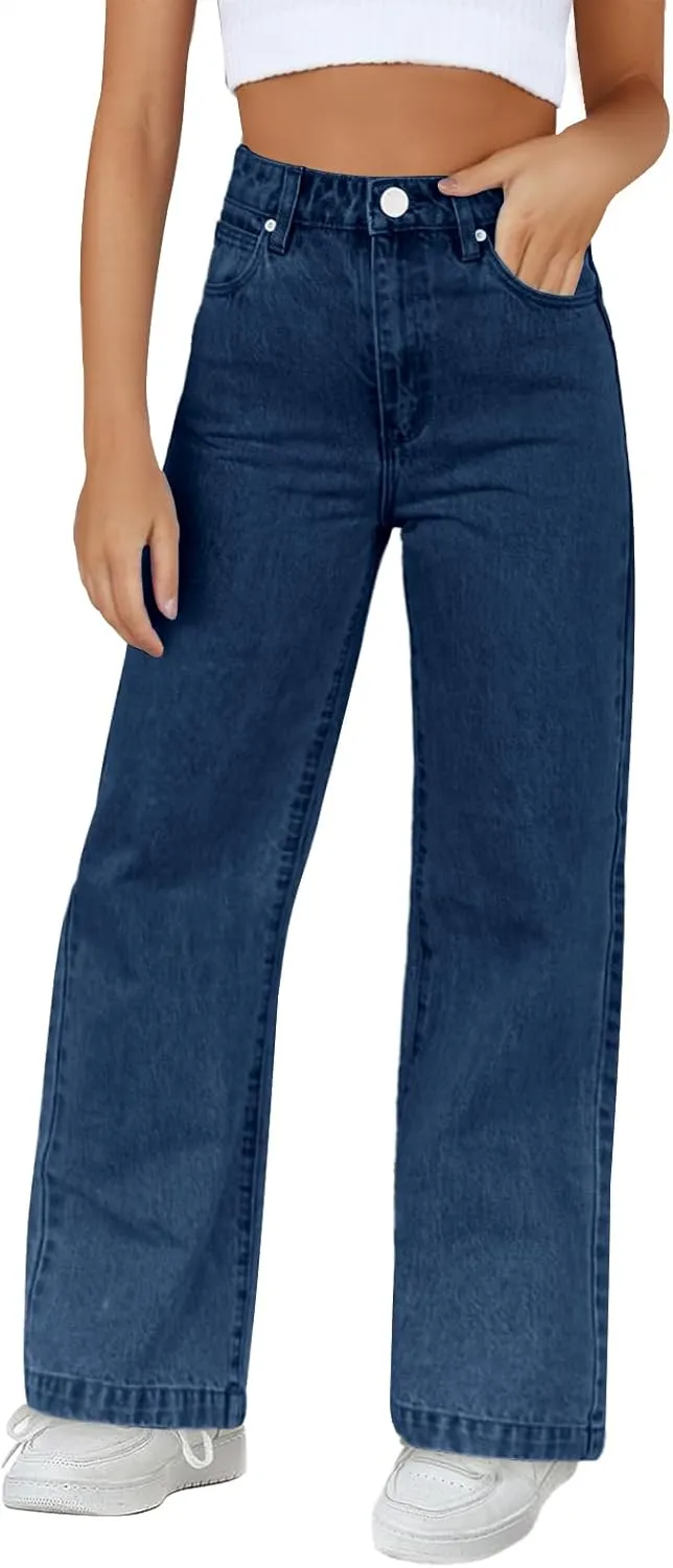 Haloumoning Girls Elastic Waist Jeans Straight Leg Demin Pants Casual Stretch Long Pants with Pockets 5-14 Years