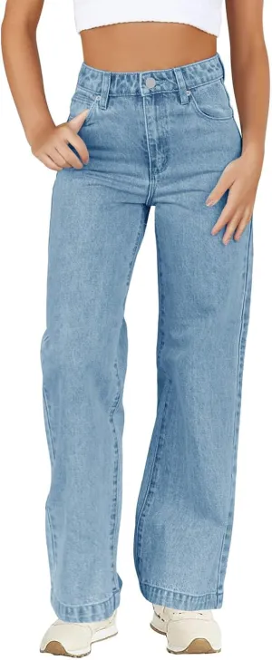 Haloumoning Girls Elastic Waist Jeans Straight Leg Demin Pants Casual Stretch Long Pants with Pockets 5-14 Years