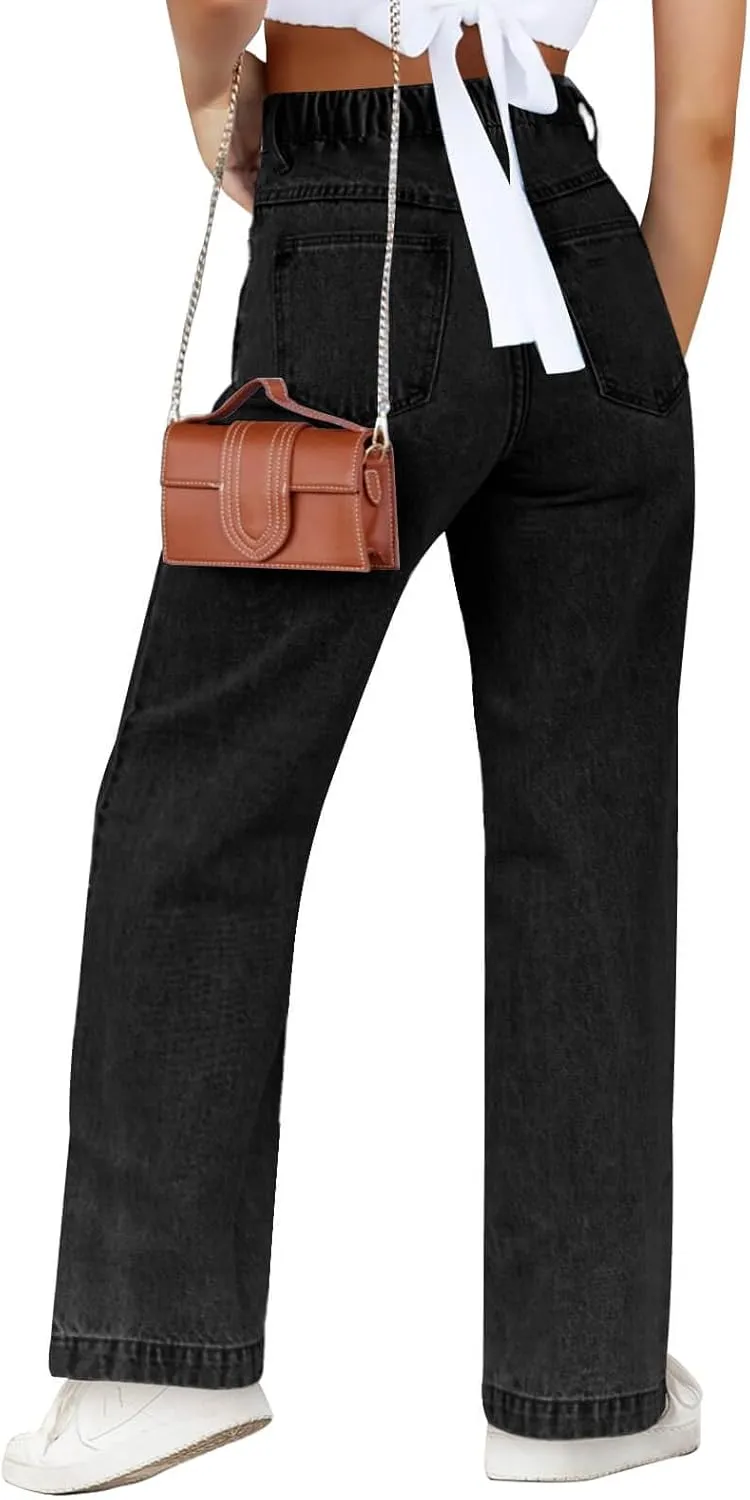 Haloumoning Girls Elastic Waist Jeans Straight Leg Demin Pants Casual Stretch Long Pants with Pockets 5-14 Years
