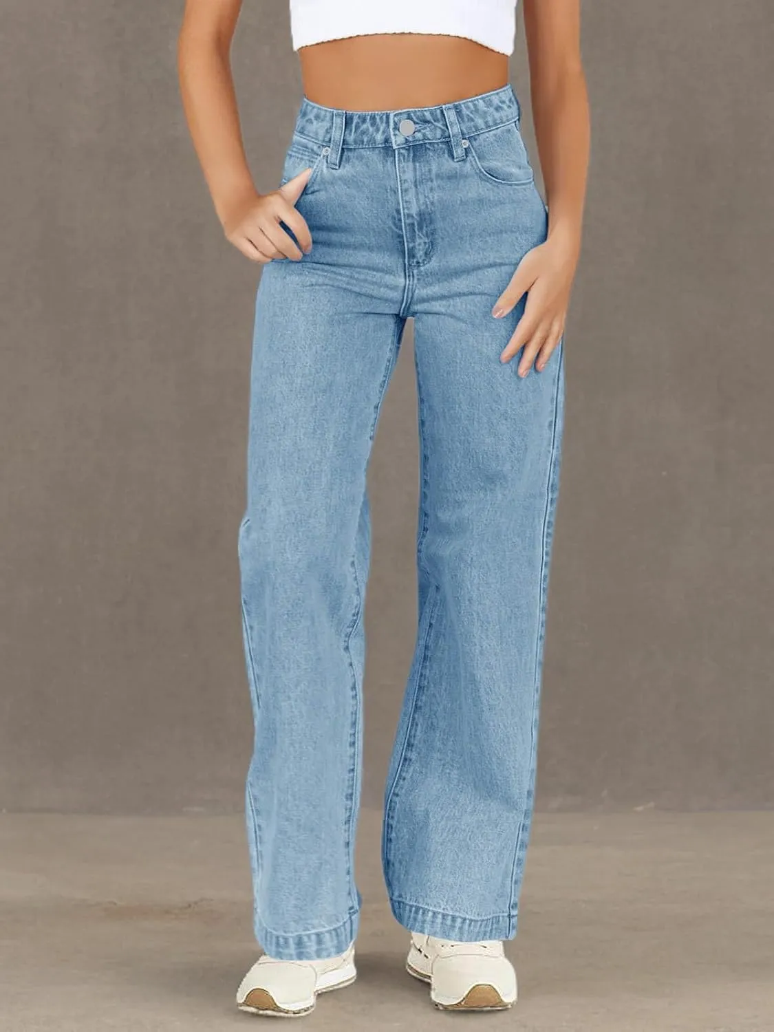 Haloumoning Girls Elastic Waist Jeans Straight Leg Demin Pants Casual Stretch Long Pants with Pockets 5-14 Years