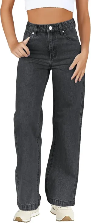 Haloumoning Girls Elastic Waist Jeans Straight Leg Demin Pants Casual Stretch Long Pants with Pockets 5-14 Years