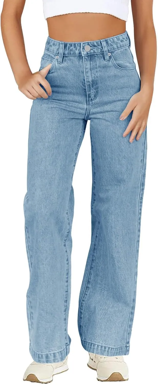 Haloumoning Girls Elastic Waist Jeans Straight Leg Demin Pants Casual Stretch Long Pants with Pockets 5-14 Years
