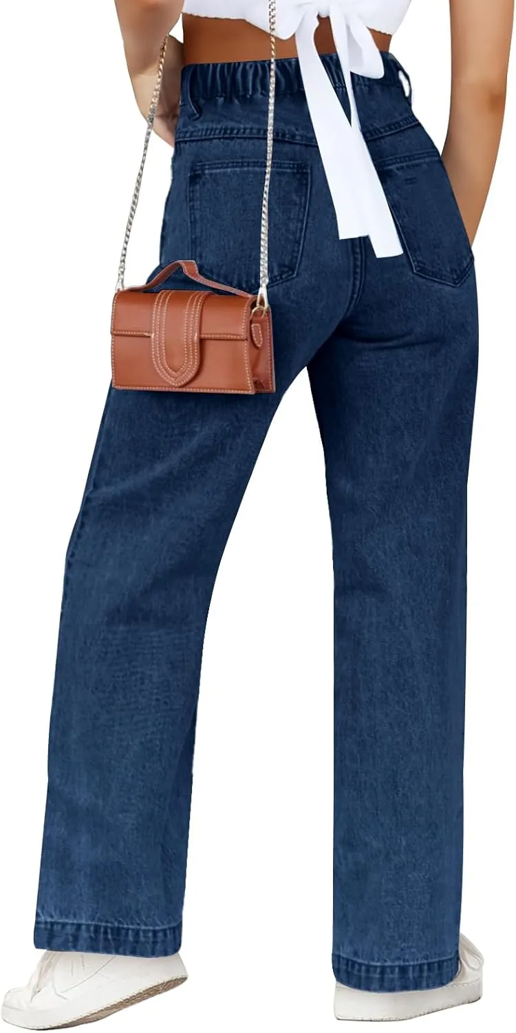 Haloumoning Girls Elastic Waist Jeans Straight Leg Demin Pants Casual Stretch Long Pants with Pockets 5-14 Years