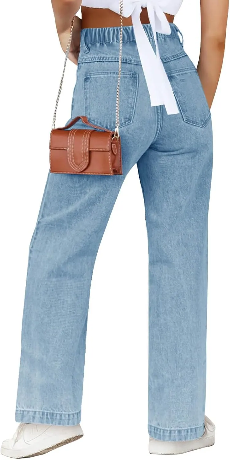 Haloumoning Girls Elastic Waist Jeans Straight Leg Demin Pants Casual Stretch Long Pants with Pockets 5-14 Years