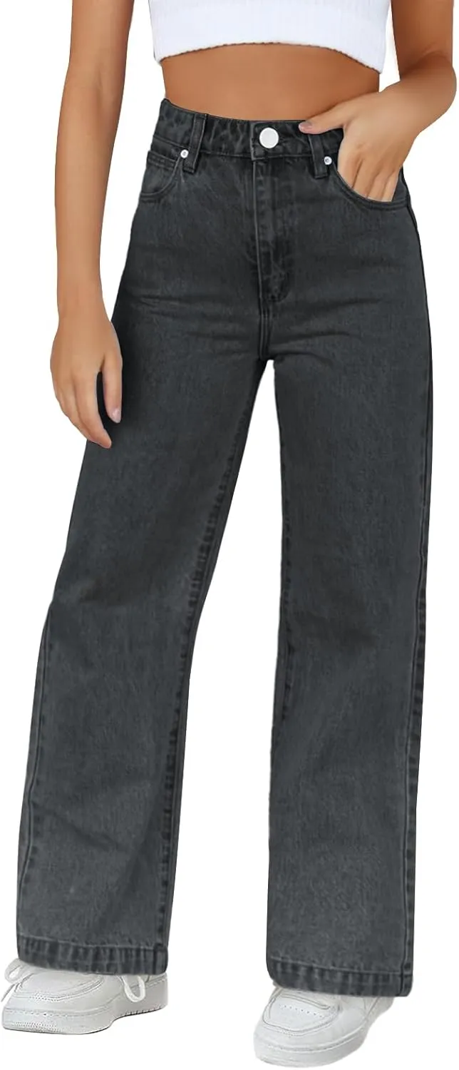 Haloumoning Girls Elastic Waist Jeans Straight Leg Demin Pants Casual Stretch Long Pants with Pockets 5-14 Years