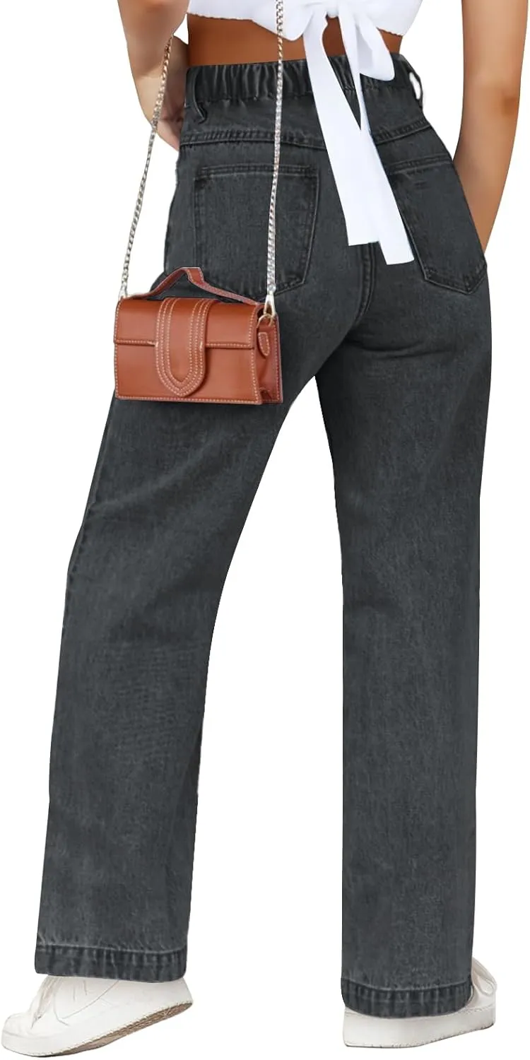 Haloumoning Girls Elastic Waist Jeans Straight Leg Demin Pants Casual Stretch Long Pants with Pockets 5-14 Years