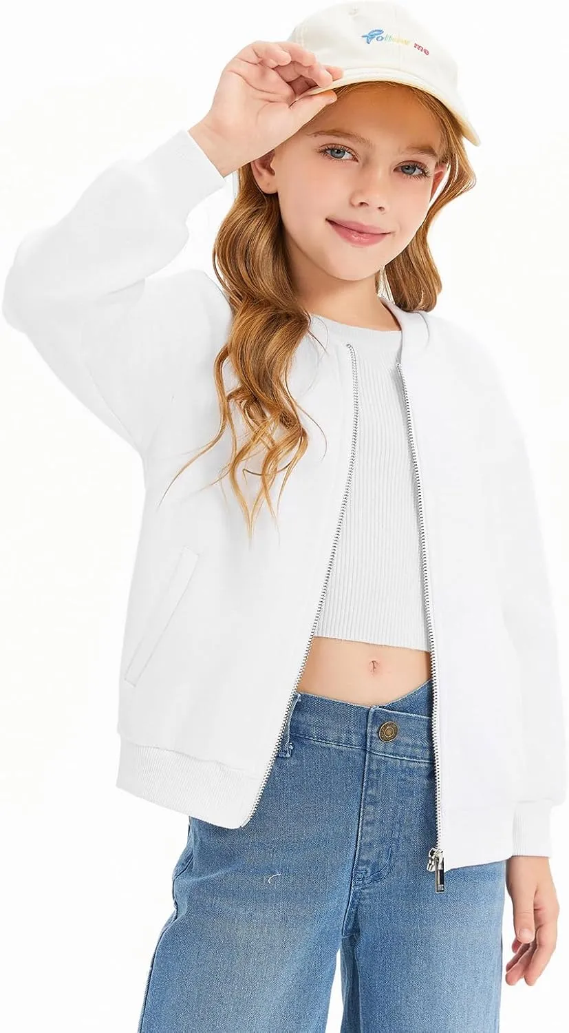 Haloumoning Girls Zip Up Jackets Kids Fall Long Sleeve Sweatshirts Outerwear with Pockets 5-14 years