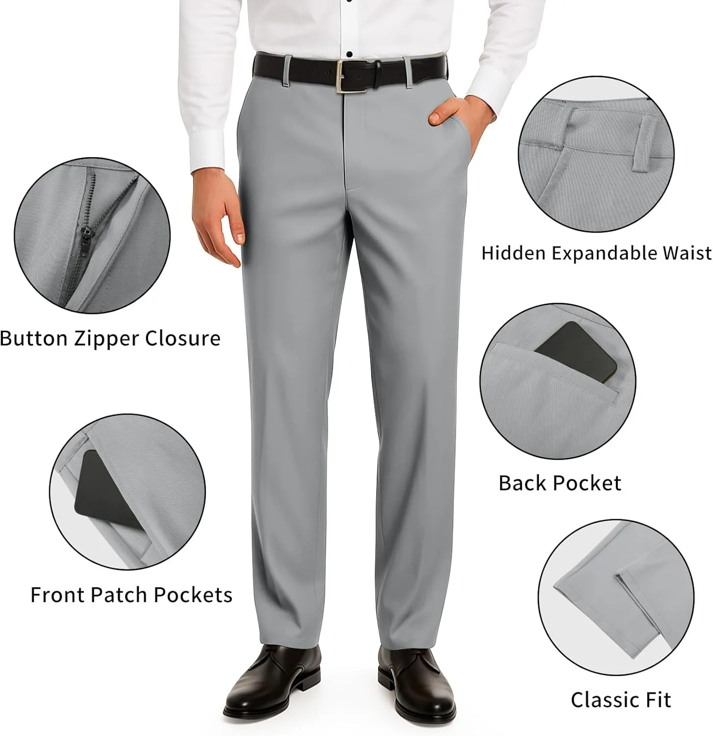 Heyfanee Men's Dress Pants Slim Fit Stretch Expandable Waist Flat Front Chinos Pants for Men