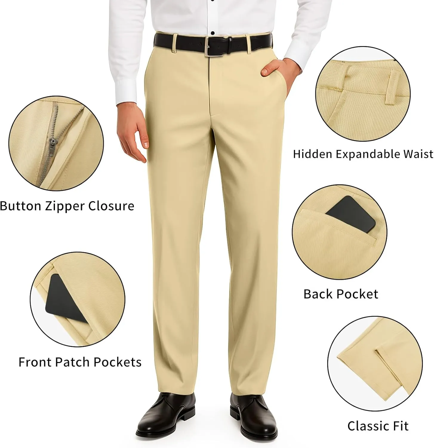 Heyfanee Men's Dress Pants Slim Fit Stretch Expandable Waist Flat Front Chinos Pants for Men