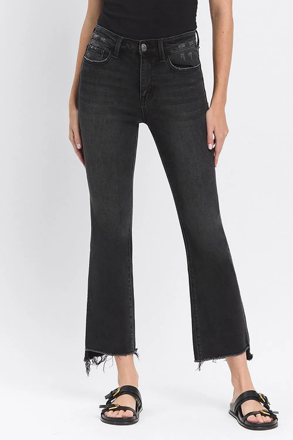 High Rise Raw Hem Crop Flare Jeans
