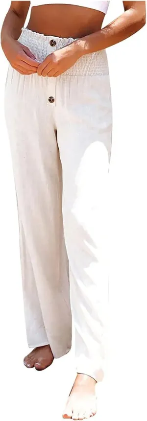 High Waist Cotton Linen Pants for Women Trendy Casual Summer Work Pants Wide Leg Button Beach Lounge Trousers