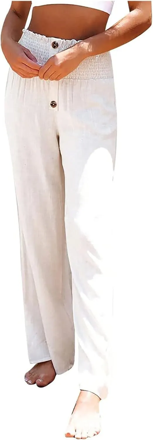 High Waist Cotton Linen Pants for Women Trendy Casual Summer Work Pants Wide Leg Button Beach Lounge Trousers