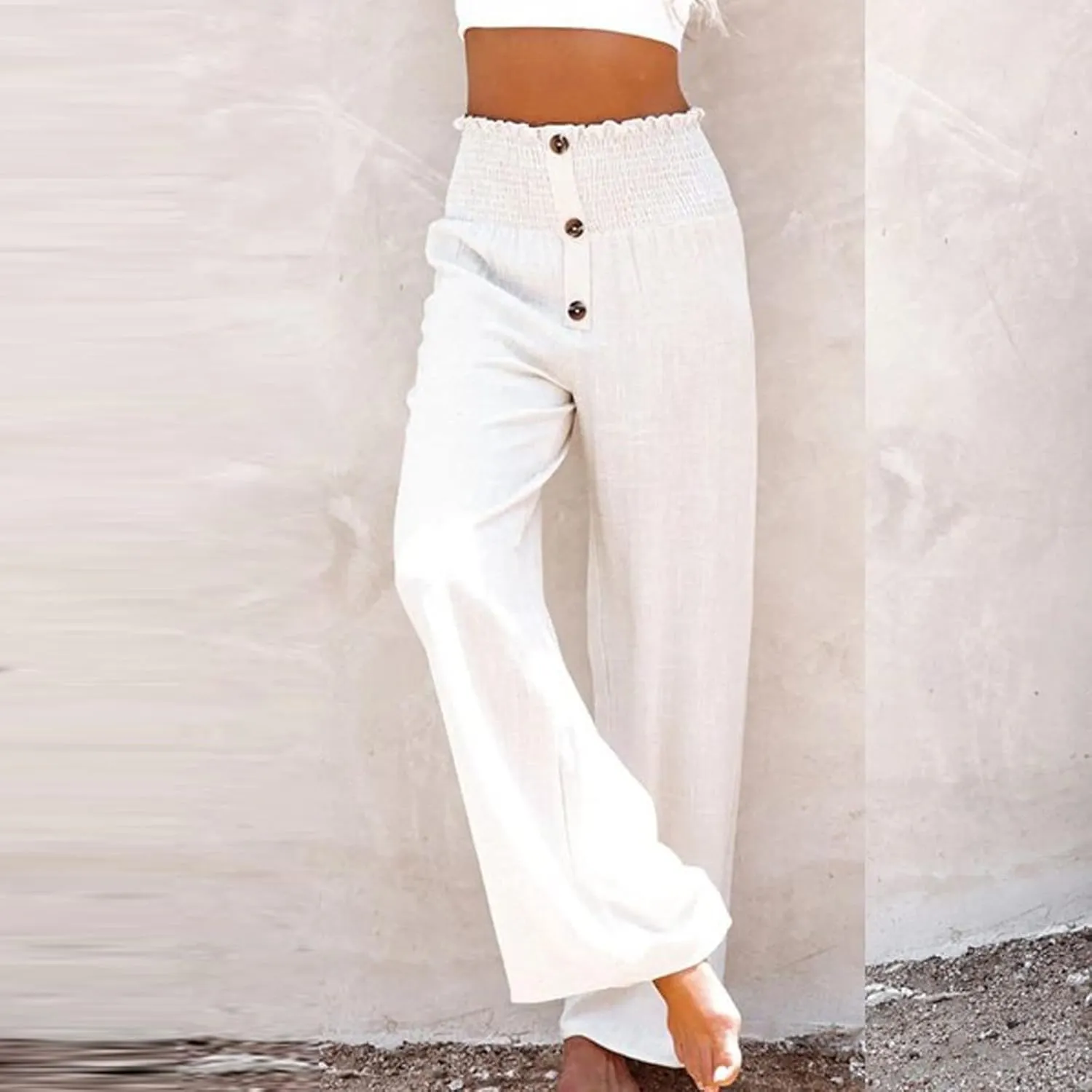 High Waist Cotton Linen Pants for Women Trendy Casual Summer Work Pants Wide Leg Button Beach Lounge Trousers
