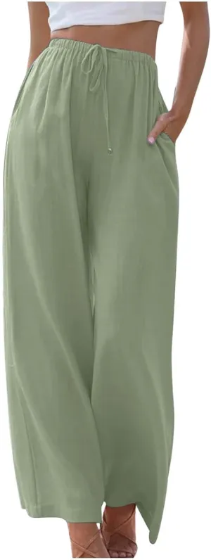 High Waisted Linen Pants for Women Dressy Casual 2025 Drawstring Wide Leg Flowy Pant Summer Beach Trousers