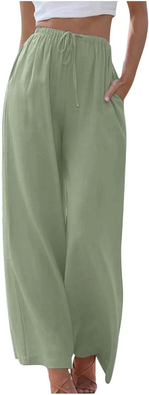 High Waisted Linen Pants for Women Dressy Casual 2025 Drawstring Wide Leg Flowy Pant Summer Beach Trousers