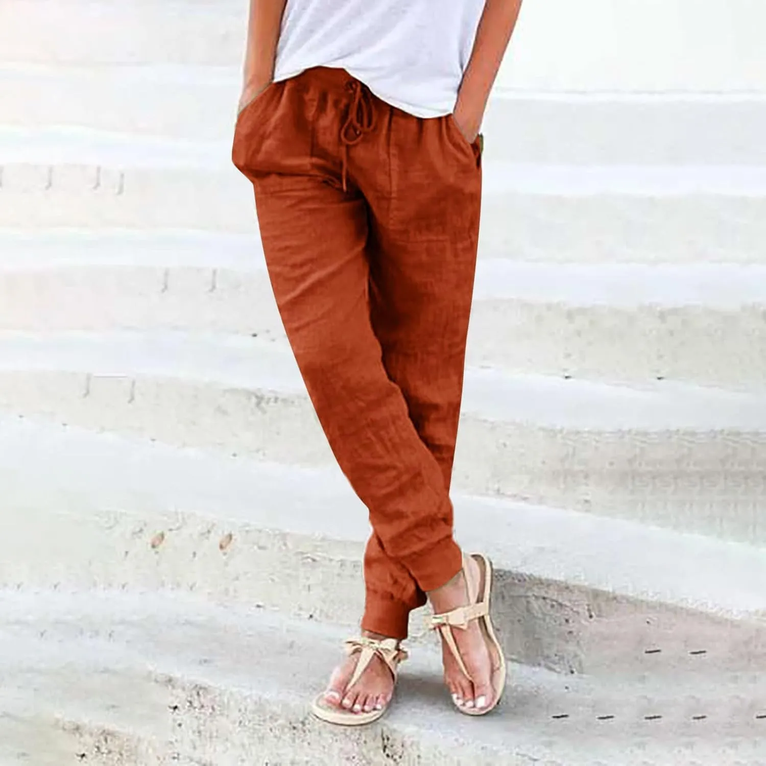 High Waisted Pants For Women Casual Loose Wide Leg Trousers Stretchy Cotton Linen Summer Pull On Boho Sweatpants