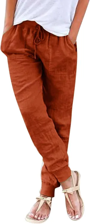 High Waisted Pants For Women Casual Loose Wide Leg Trousers Stretchy Cotton Linen Summer Pull On Boho Sweatpants