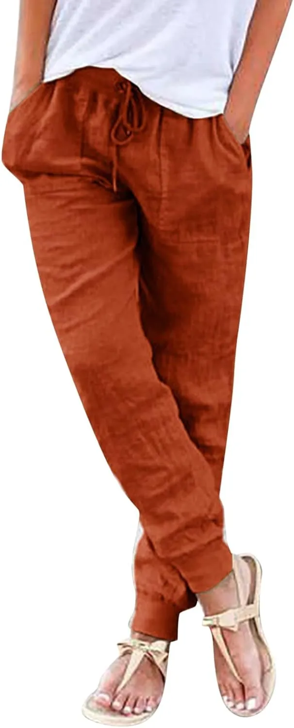 High Waisted Pants For Women Casual Loose Wide Leg Trousers Stretchy Cotton Linen Summer Pull On Boho Sweatpants