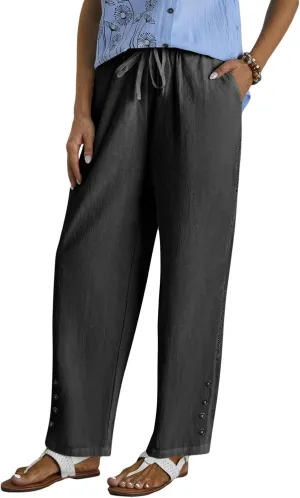 HOTYD Womens Hollow Out High Waist Linen Pants Drawstring Elastic Waist Summer Casual Pants Loose Fit Trousers with Pockets