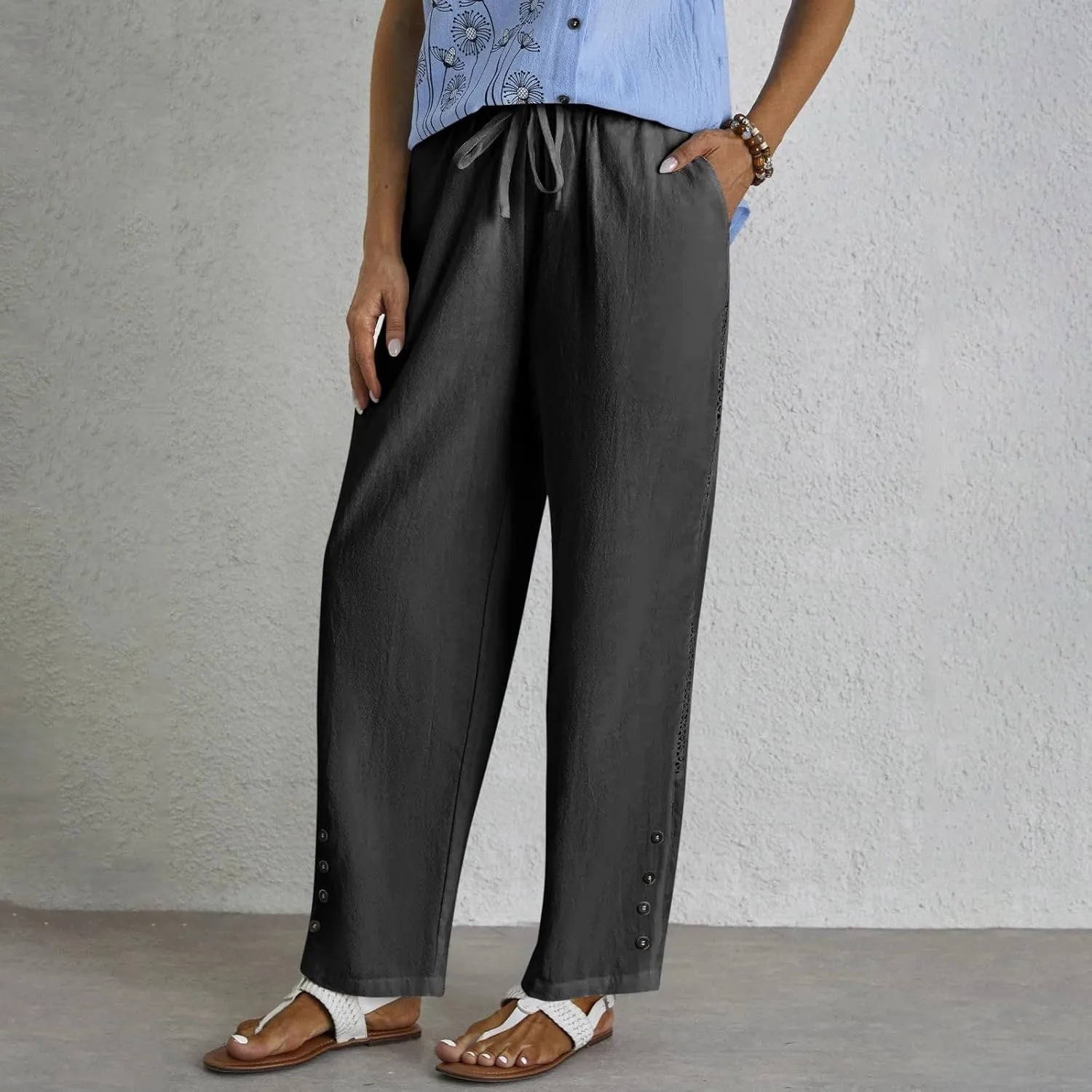 HOTYD Womens Hollow Out High Waist Linen Pants Drawstring Elastic Waist Summer Casual Pants Loose Fit Trousers with Pockets