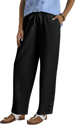 HOTYD Womens Hollow Out High Waist Linen Pants Drawstring Elastic Waist Summer Casual Pants Loose Fit Trousers with Pockets