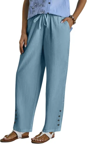 HOTYD Womens Hollow Out High Waist Linen Pants Drawstring Elastic Waist Summer Casual Pants Loose Fit Trousers with Pockets