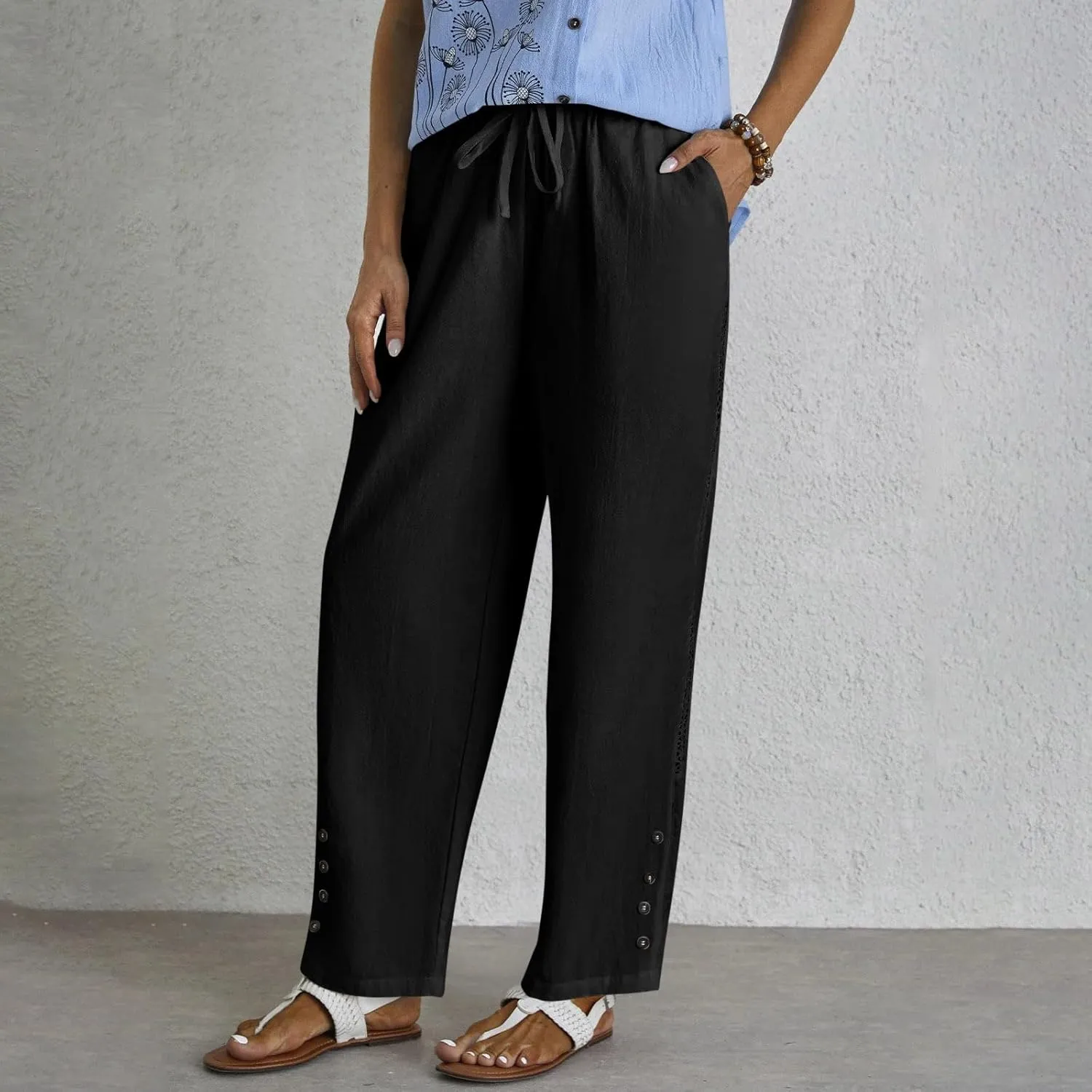 HOTYD Womens Hollow Out High Waist Linen Pants Drawstring Elastic Waist Summer Casual Pants Loose Fit Trousers with Pockets