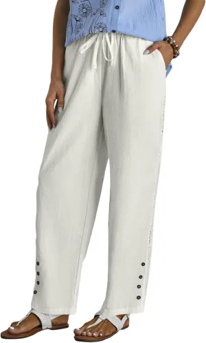 HOTYD Womens Hollow Out High Waist Linen Pants Drawstring Elastic Waist Summer Casual Pants Loose Fit Trousers with Pockets