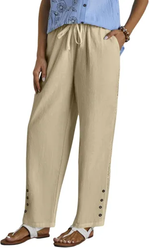HOTYD Womens Hollow Out High Waist Linen Pants Drawstring Elastic Waist Summer Casual Pants Loose Fit Trousers with Pockets