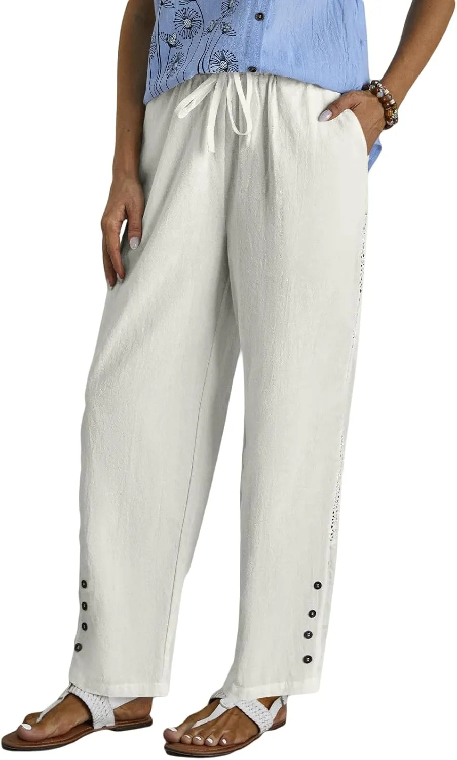 HOTYD Womens Hollow Out High Waist Linen Pants Drawstring Elastic Waist Summer Casual Pants Loose Fit Trousers with Pockets