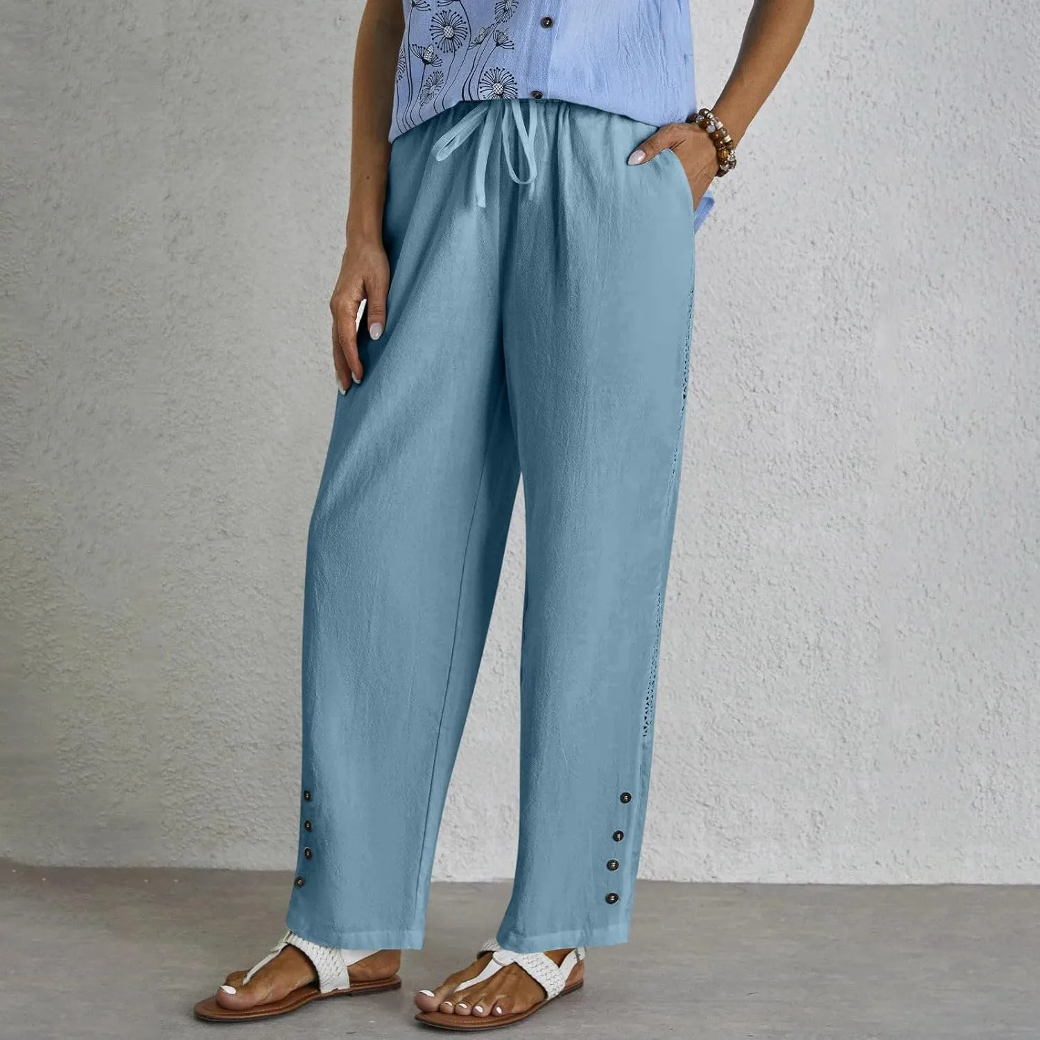 HOTYD Womens Hollow Out High Waist Linen Pants Drawstring Elastic Waist Summer Casual Pants Loose Fit Trousers with Pockets