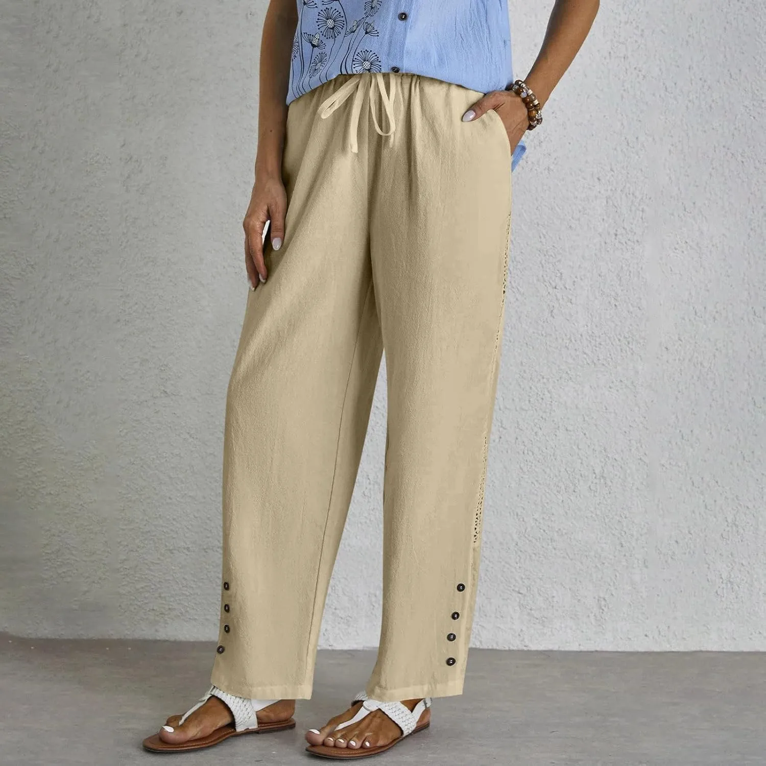 HOTYD Womens Hollow Out High Waist Linen Pants Drawstring Elastic Waist Summer Casual Pants Loose Fit Trousers with Pockets