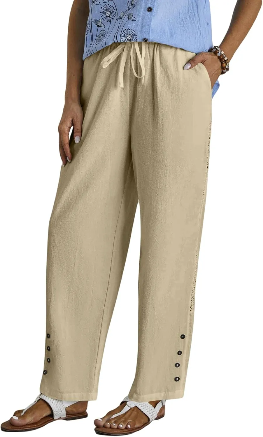 HOTYD Womens Hollow Out High Waist Linen Pants Drawstring Elastic Waist Summer Casual Pants Loose Fit Trousers with Pockets