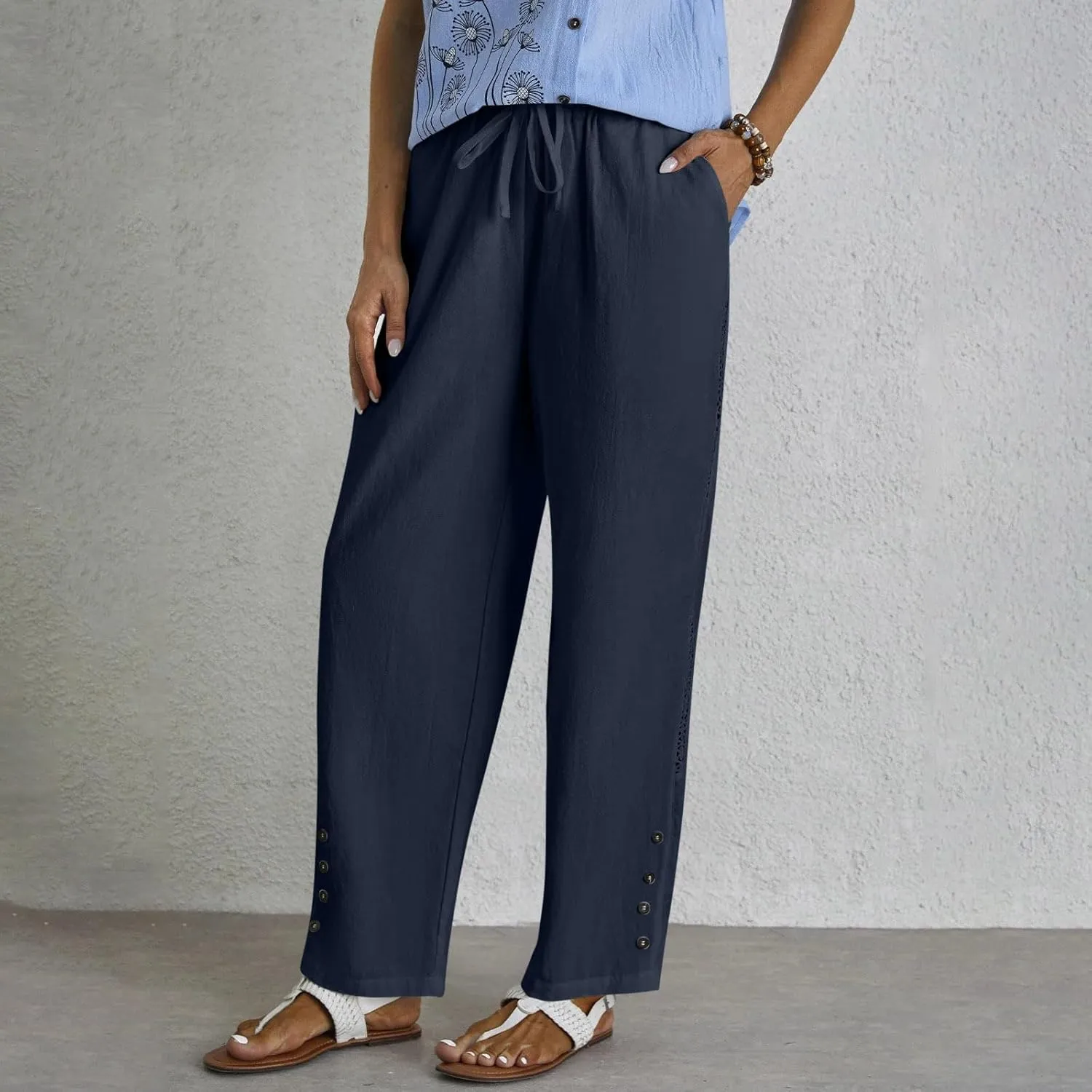 HOTYD Womens Hollow Out High Waist Linen Pants Drawstring Elastic Waist Summer Casual Pants Loose Fit Trousers with Pockets
