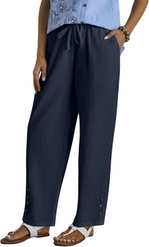 HOTYD Womens Hollow Out High Waist Linen Pants Drawstring Elastic Waist Summer Casual Pants Loose Fit Trousers with Pockets